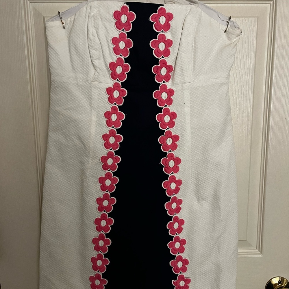 White and Black Dress with Pink Floral Accents